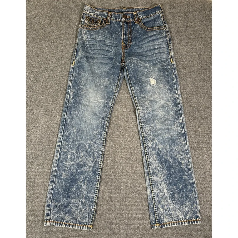True Religion Ricky Straight Jeans Mens 34 Acid Wash Distressed Flap Pocket USA